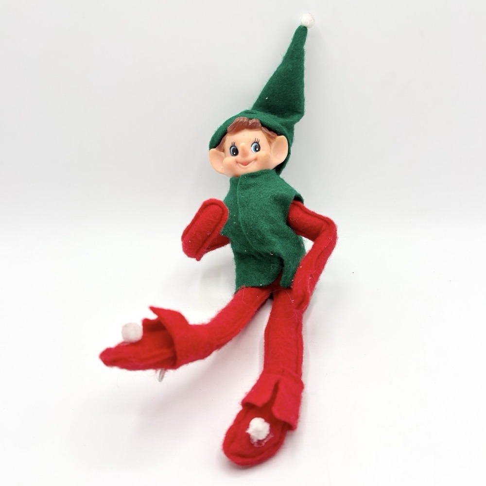 Vintage Knee Hugger Elf Shelf Sitter Felt Christmas Decor Red Green 12"